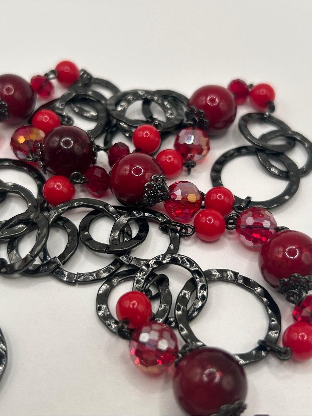 Red Beaded Long Necklace with Textured Rings​ - Picture 6 of 12